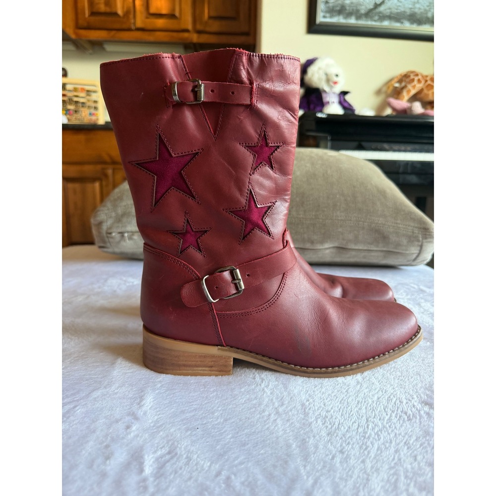 Dingo Blacklist Star Inlay Harness Boots Wine Leather Square Toe Size 5Y/Women 7